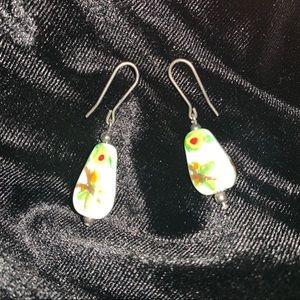Green dangle earrings, Asian motif